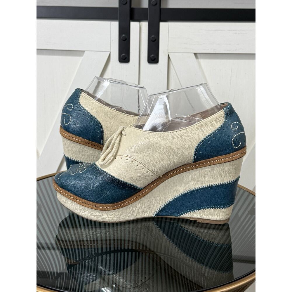 Anthropologie Pilcro Cream and Teal Leather Wedge Oxfordsππ - Picture 6 of 13